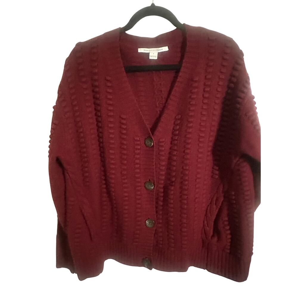 DVF Diane von Furstenberg Burgundy Textured Cardigan Small Cashmere Blend